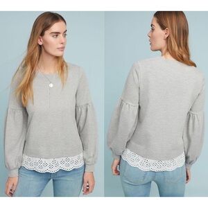Anthropologie Grey Puff Sleeve Eyelet Hem Sweatshirt Feminine Cozy Size Small